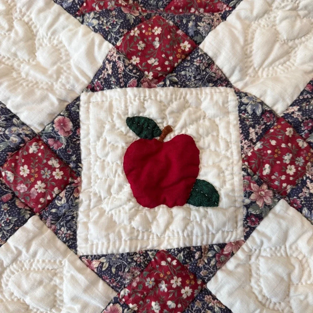 Vintage Handmade King Quilt Apple Basket Applique Patchwork Hand Quilted 96x118